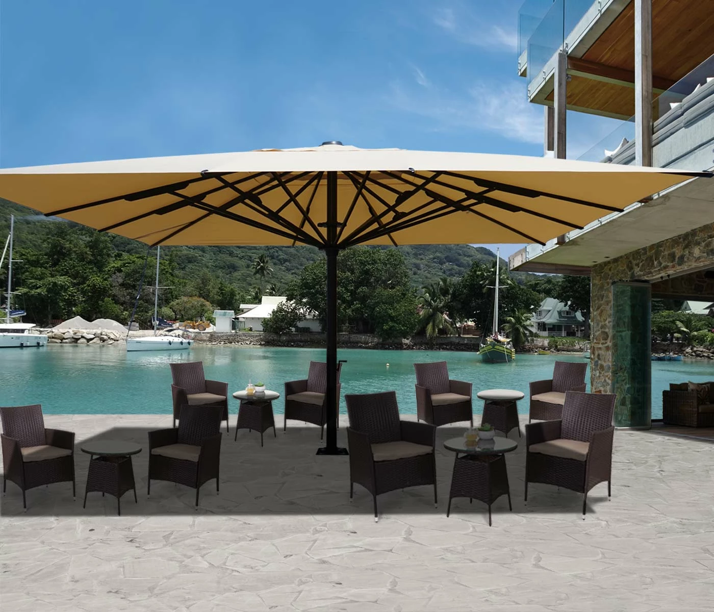 Gastronomie-Luxus-Sonnenschirm MCW-D20, XXL-Schirm Marktschirm, 5x5m (Ø7,2m) Polyester/Alu 75kg ~ Creme