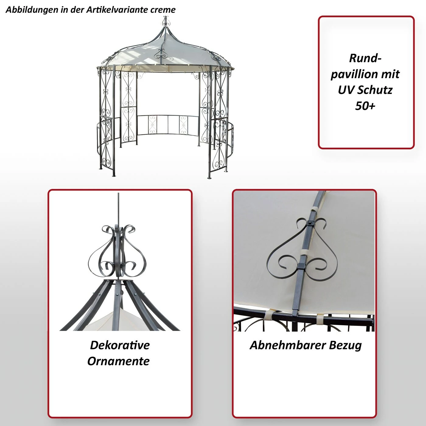 MCW Pergola Cabrera, Rundpavillon Garten Pavillon, Stabiles Stahl-Gestell, Ø 3m ~ Creme – Bild 2