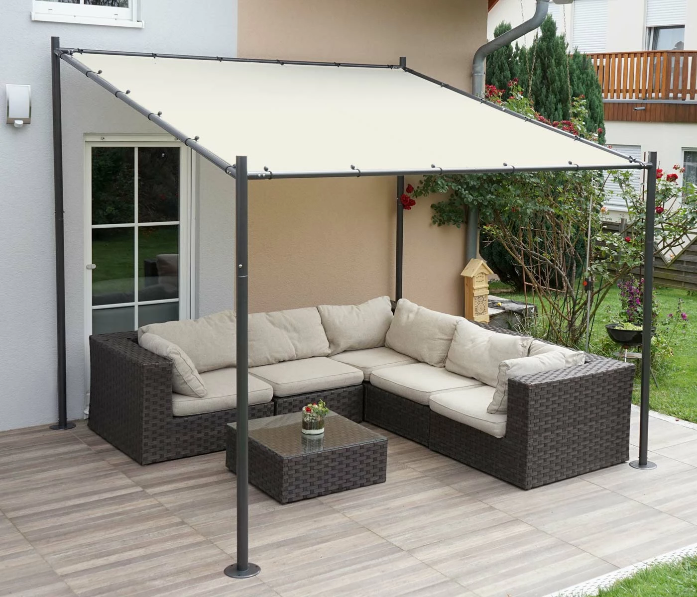Pergola MCW-A22, Anbaupergola Garten Pavillon Terrassenüberdachung Sonnenschutz, 3x3m ~ Creme