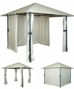 Pergola MCW-J63, Garten Pavillon Terrassenüberdachung Mit Seitenwand, 3x3m ~ Creme-beige
