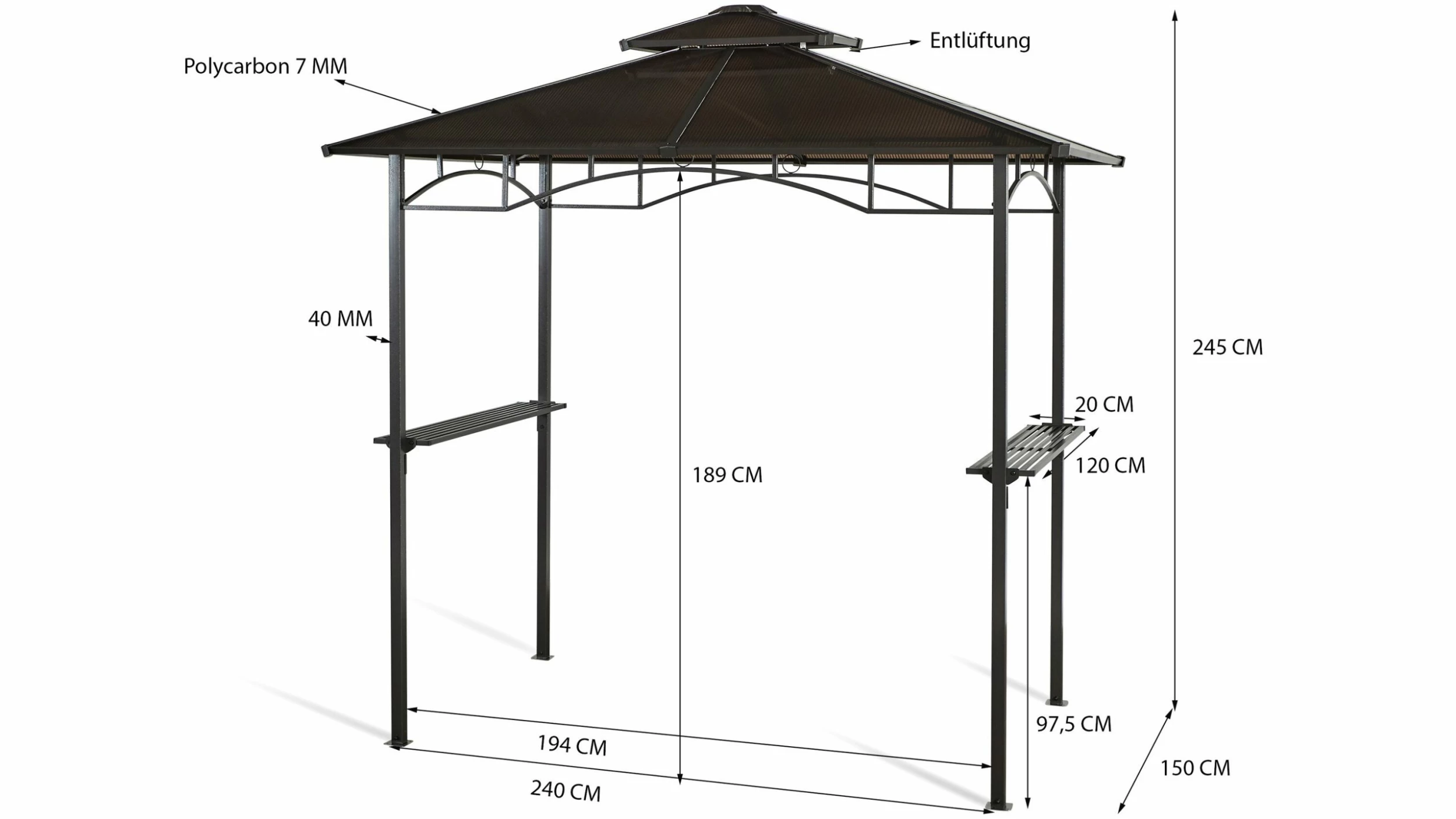 Grasekamp Hardtop BBQ Grill Pavillon 1,5x2,4m Doppelstegplatten Polycarbon Grillpavillon – Bild 4