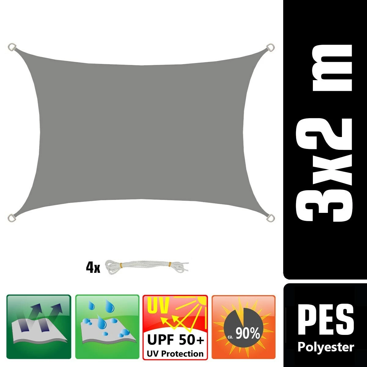 Amanka UPF50+ UV Sonnensegel 2x3 Polyester Rechteck Wasserabweisend Garten Balkon Grau – Bild 2