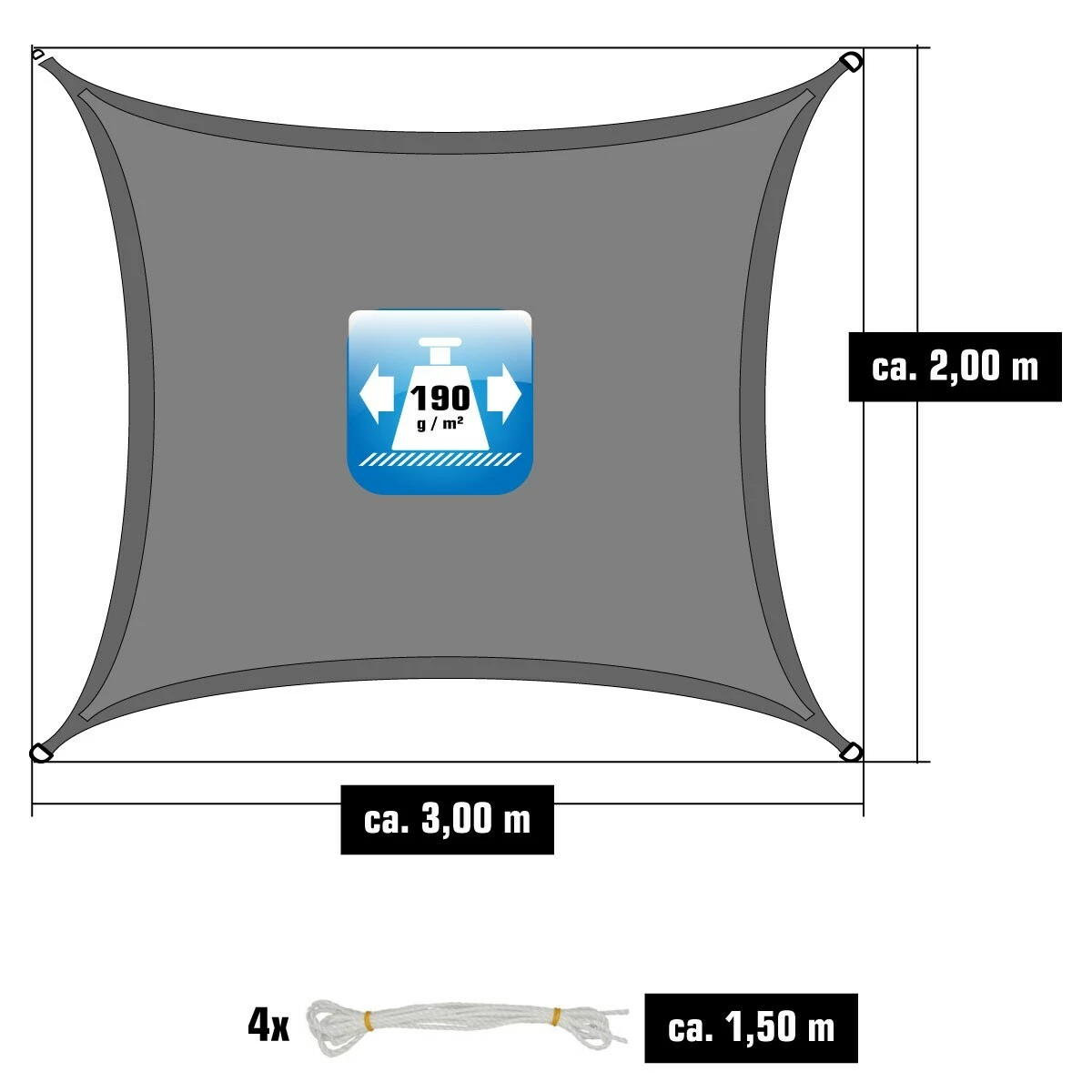 Amanka UPF50+ UV Sonnensegel 2x3 Polyester Rechteck Wasserabweisend Garten Balkon Grau – Bild 3