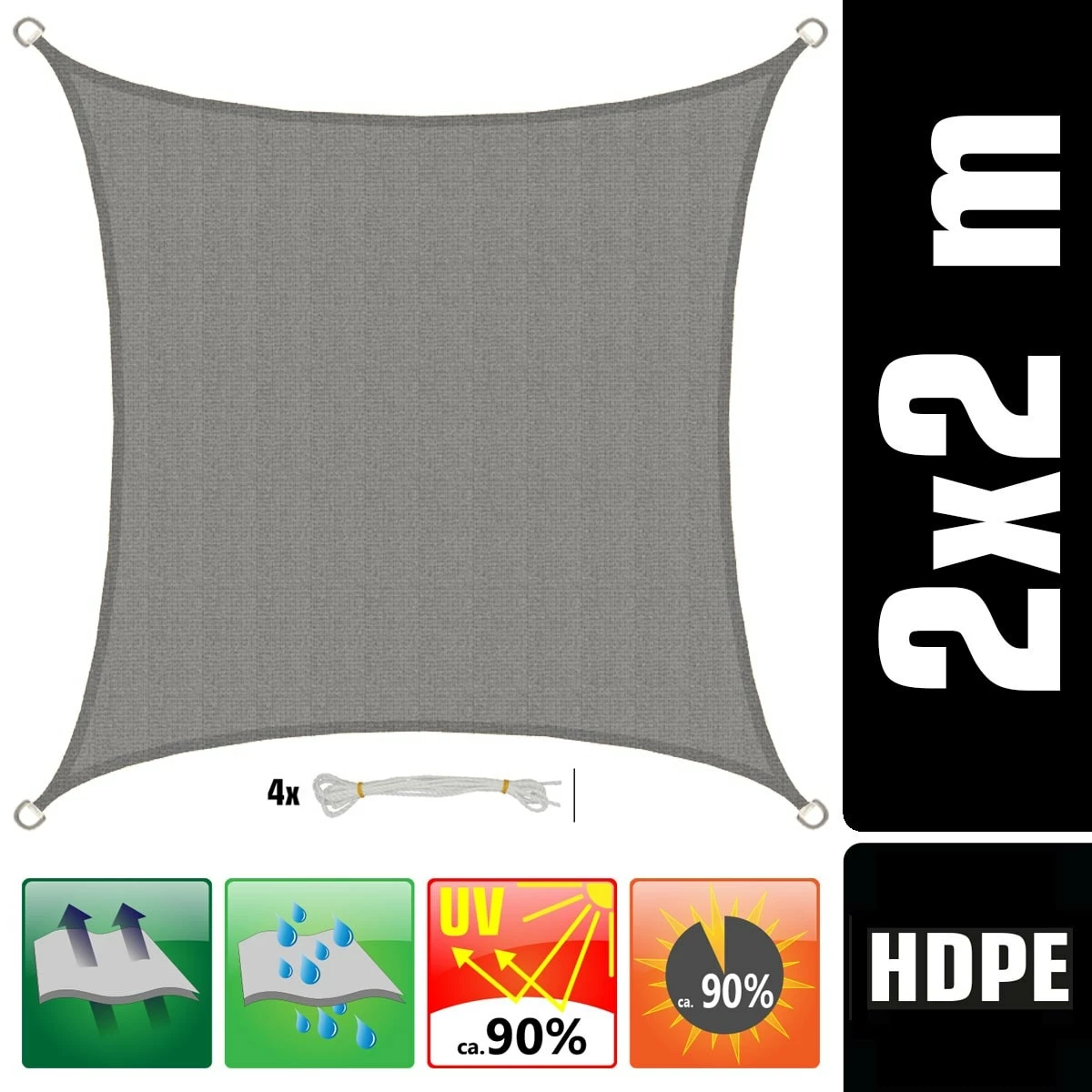 Amanka UV Sonnensegel 2x2 HDPE Quadratisch Sonnenschutz Überdachung Garten Balkon Grau – Bild 4