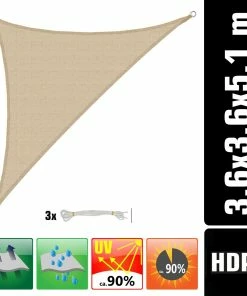 Amanka UV Sonnensegel 3,6x3,6x5,1 HDPE Dreieck Rechtwinklig Sonnenschutz Garten Beige