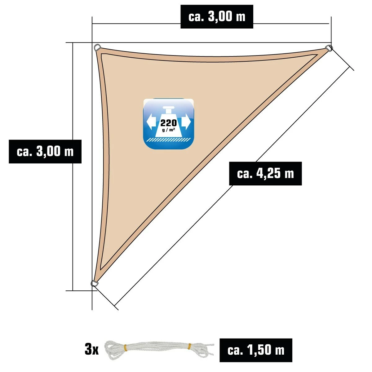 Amanka UV Sonnensegel 3x3x4,2 HDPE Dreieck Rechtwinklig Sonnenschutz Garten Beige – Bild 4