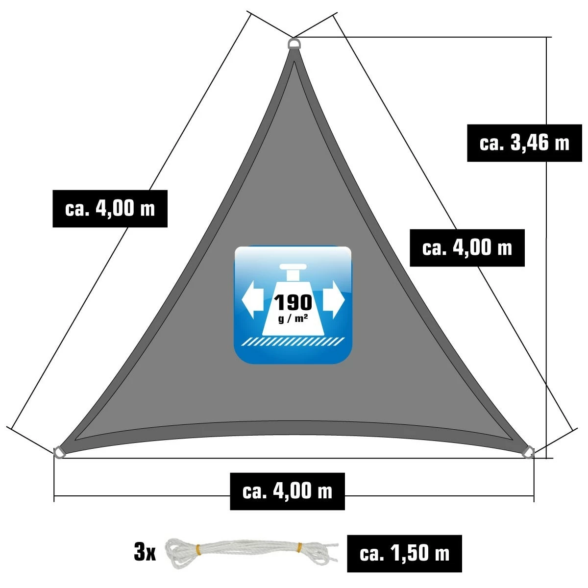 Amanka UPF50+ UV Sonnensegel 4x4x4 Polyester Dreieck Wasserabweisend Garten Segel Grau – Bild 3