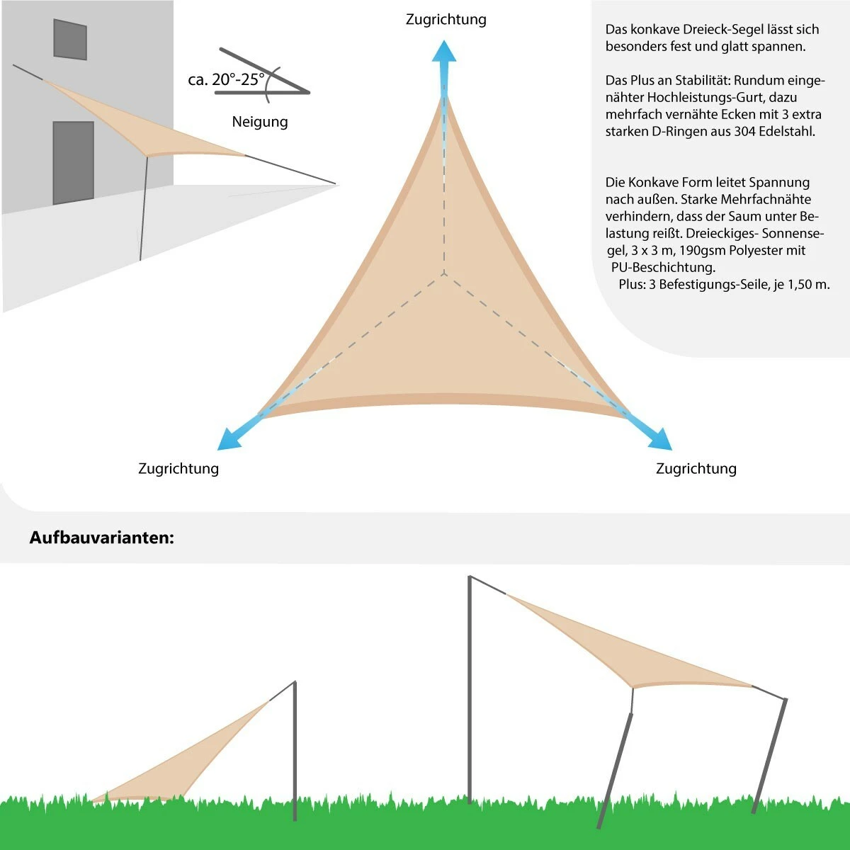 Amanka UPF50+ UV Sonnensegel 3x3x3 Polyester Dreieck Wasserabweisend Garten Segel Beige – Bild 6