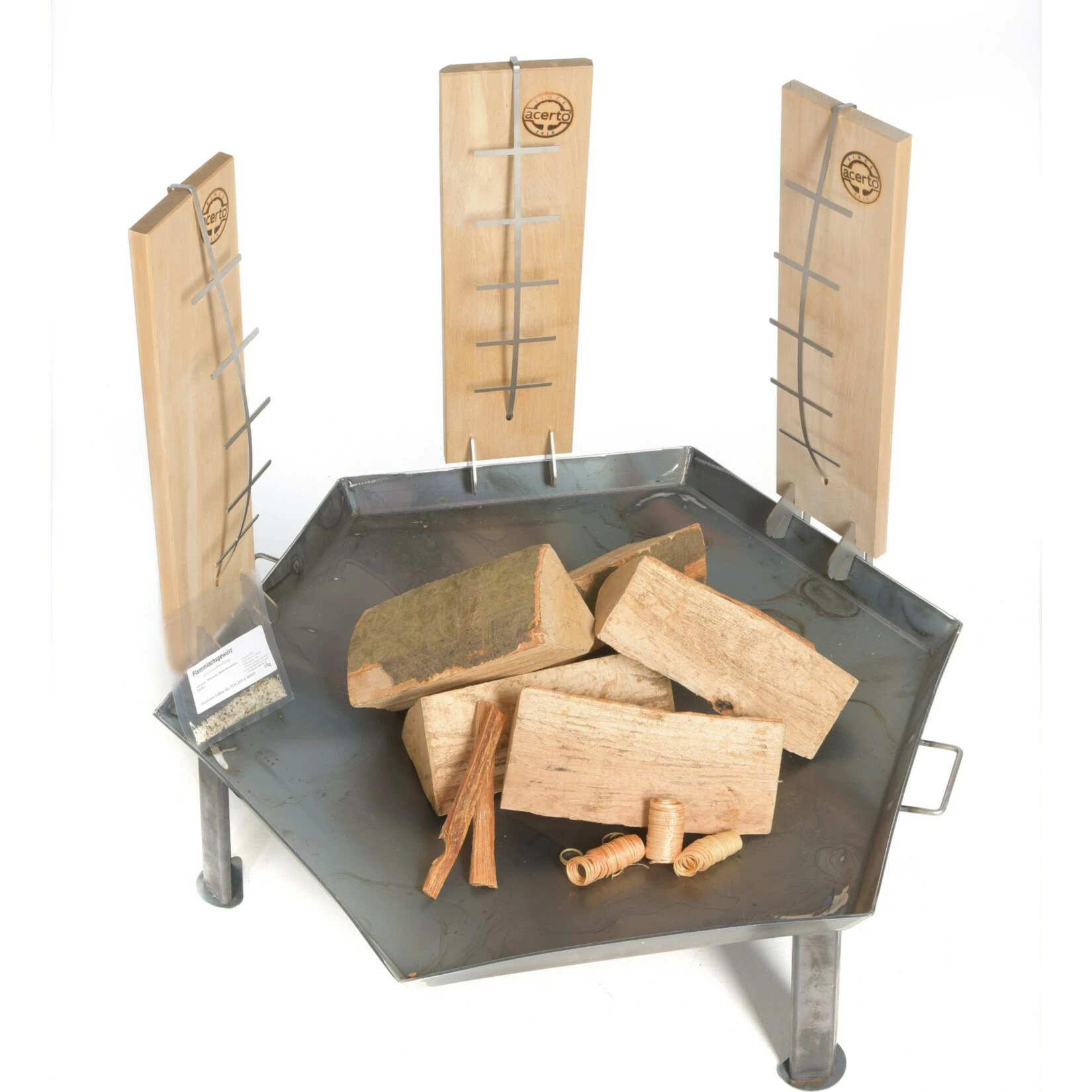 Acerto Feuerschale 55cm + 3 Flammlachsbretter + 5 Stk. Kaminholz Buche – Bild 2