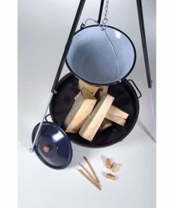 Acerto® Gulaschkessel 14L + Dreibein-Gestell (180cm) + Feuerschale (55cm) + Kaminholz Buche