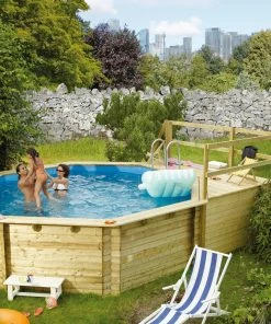 Karibu | Achteck Massivholz Pool 428 X 428 X 124 Cm Modell 2C | SET Inkl. Sonnenterrasse 96 X 199 Cm, Zubehör Und Pool Leitern