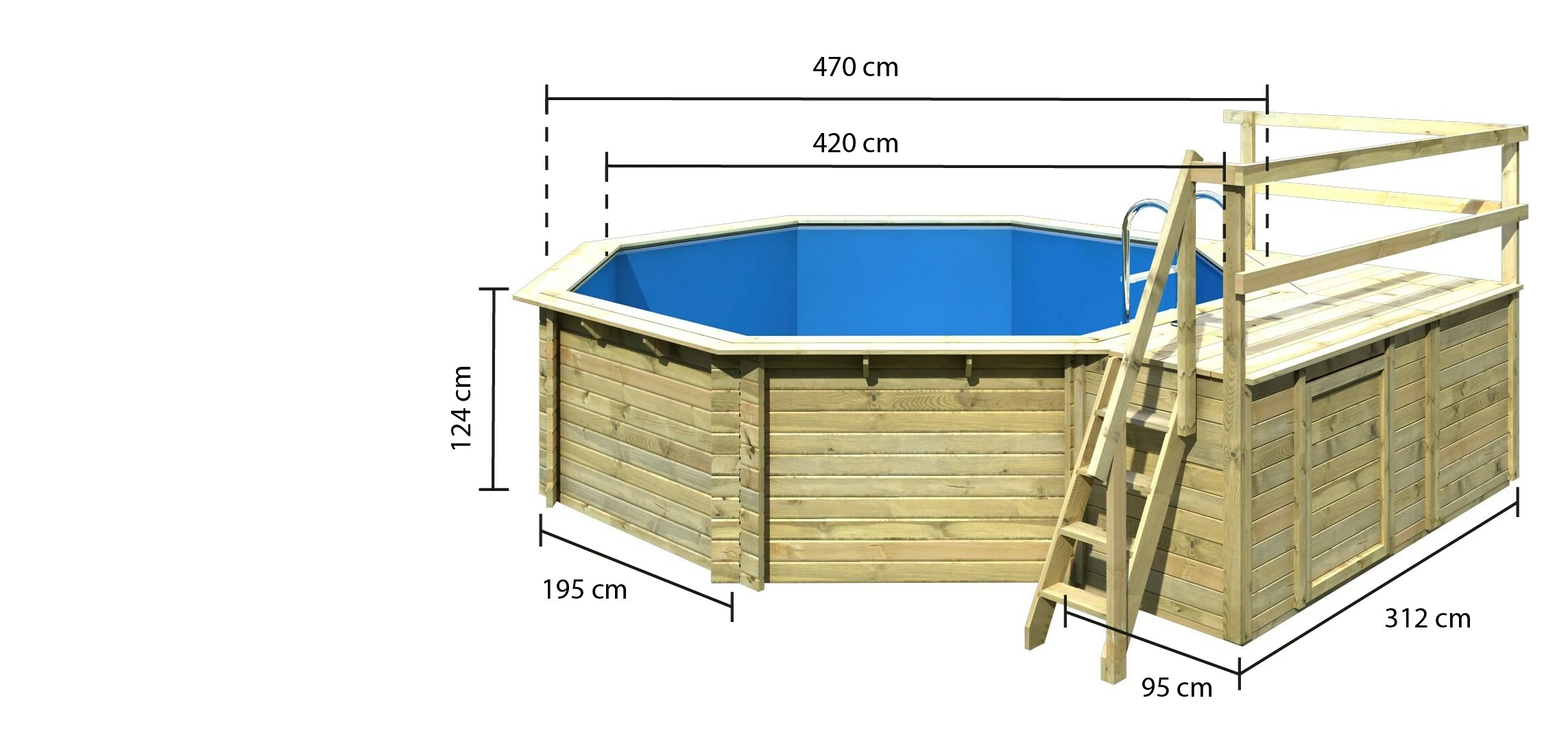Karibu | Achteck Massivholz Pool 428 X 428 X 124 Cm Modell 2C | SET Inkl. Sonnenterrasse 96 X 199 Cm, Zubehör Und Pool Leitern – Bild 2
