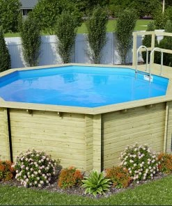Karibu | Achteck Massivholz Pool 428 X 428 X 124 Cm Modell 2B | SET Inkl. Sonnenterrasse 94,5 X 166 Cm, Zubehör Und Pool Leitern