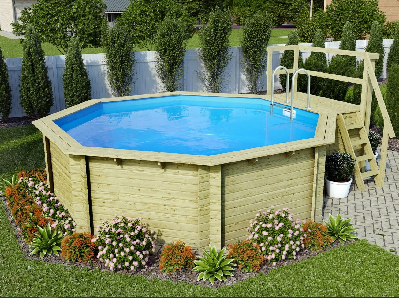 Karibu | Achteck Massivholz Pool 428 X 428 X 124 Cm Modell 2B | SET Inkl. Sonnenterrasse 94,5 X 166 Cm, Zubehör Und Pool Leitern