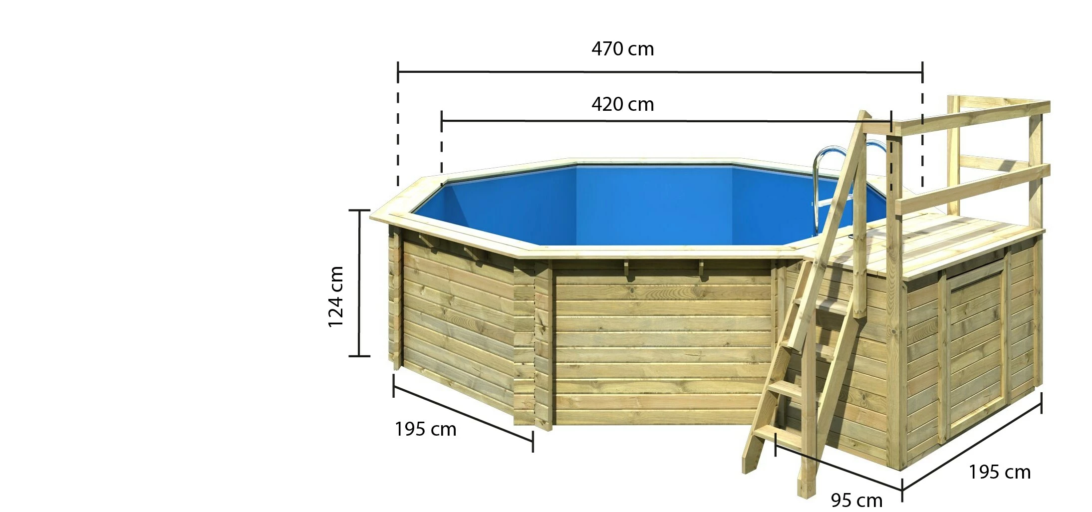 Karibu | Achteck Massivholz Pool 428 X 428 X 124 Cm Modell 2B | SET Inkl. Sonnenterrasse 94,5 X 166 Cm, Zubehör Und Pool Leitern – Bild 2