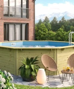 Karibu Massivholz (kdi) Pool "Netto 2" SET Mit Innenhülle Blau, Skimmer & Leiter