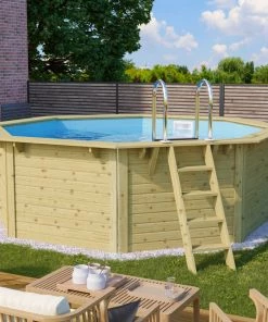 Karibu Holztechnik GmbH Karibu Massivholz (kdi) Pool "Netto 1" SET Mit Innenhülle Blau, Skimmer & Leiter