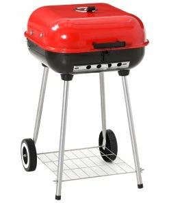 Outsunny Grillwagen Mit Deckel Rot, Schwarz 45 X 47,5 X 70 Cm (LxBxH) | Rundgrill Standgrill Gartengrill Holzkohlegrill