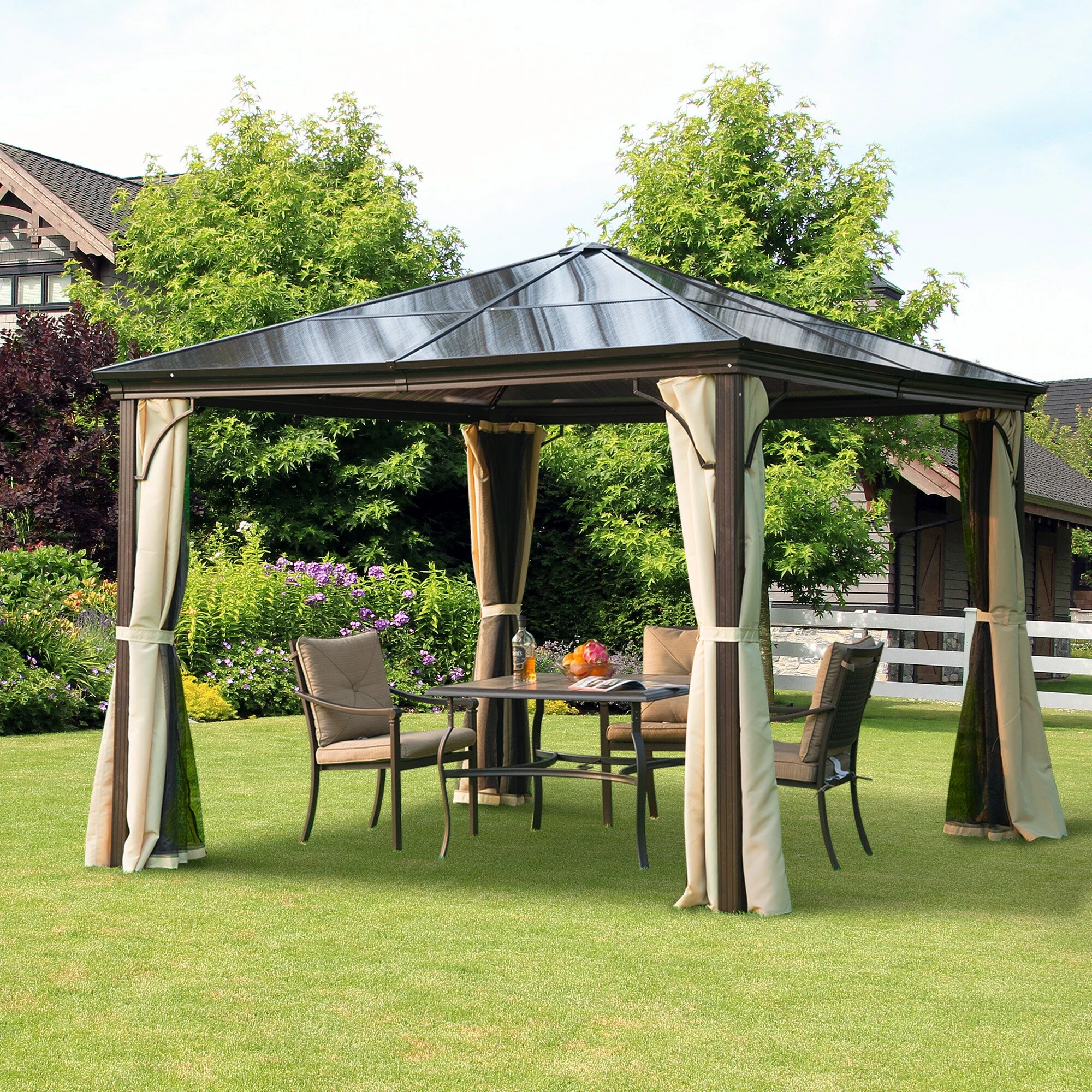 Outsunny Luxus Pavillon Mit Lichtdurchlässigem Dach Braun, Natur 300 X 300 X 260 Cm (LxBxH) | Gartenpavillon Gartenzelt Festzelt Partyzelt – Bild 4