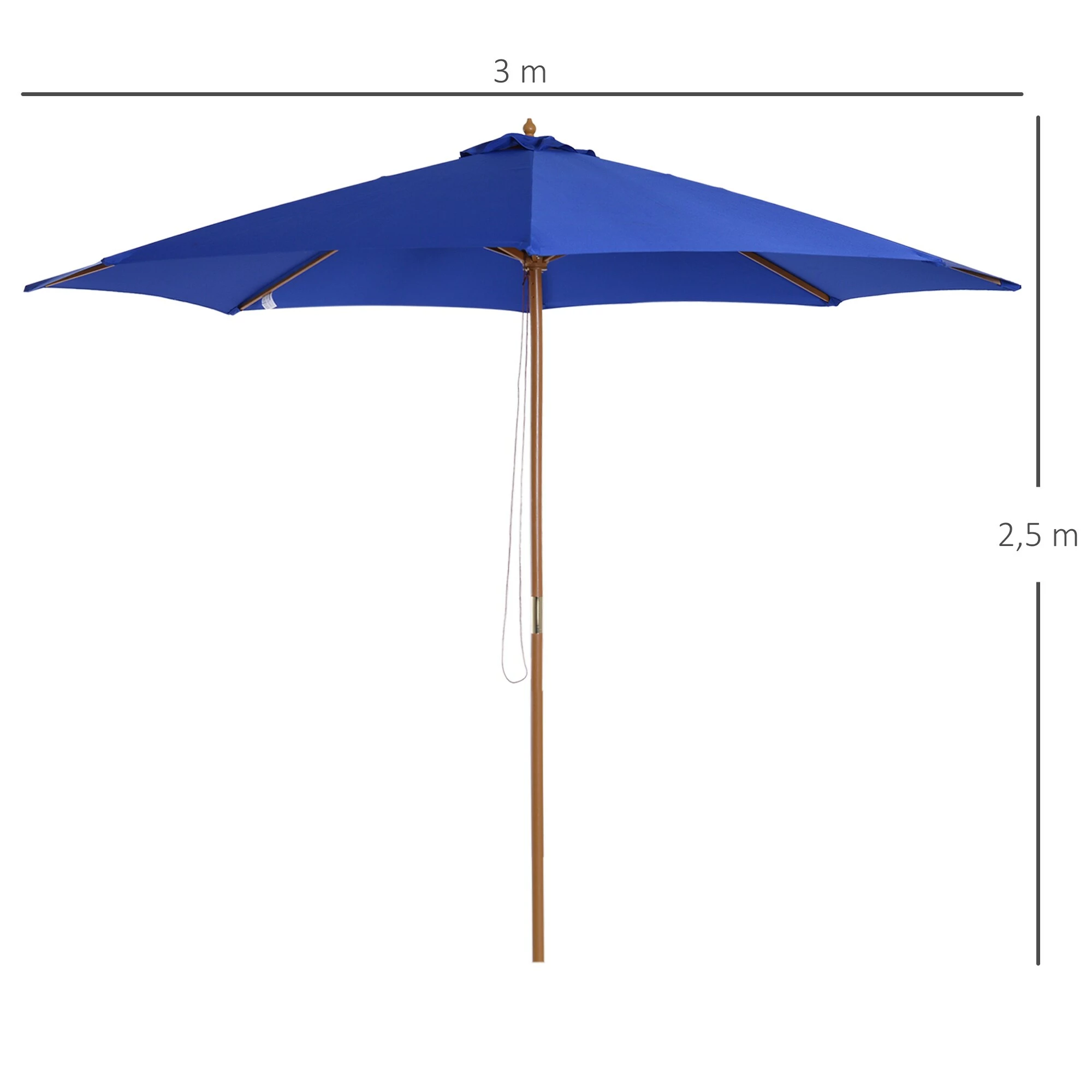 Outsunny Sonnenschirm Mit Leichtgängigem Seilzug Blau 3 X 2,7 M (ØxH) | Gartenschirm Balkonschirm Sonnenschutz Holzschirm – Bild 5
