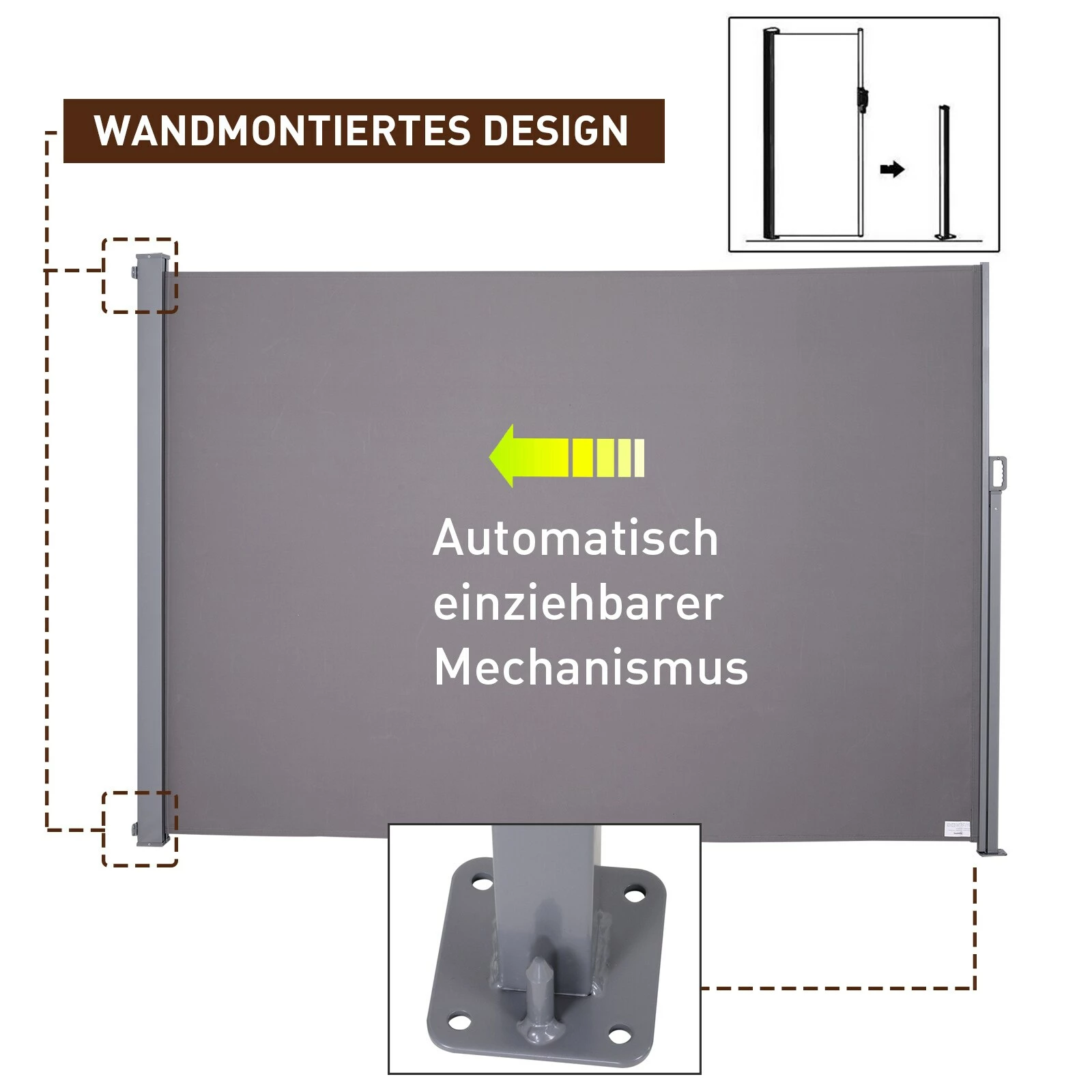 Outsunny Seitenmarkise Mit Rückrollfunktion Grau 300 X 200 Cm (LxH) | Sichtschutz Sonnenschutz Seitenrollo Windschutz – Bild 6
