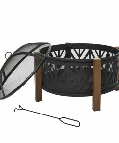 Outsunny Feuerschale Mit Grillrost Schwarz, Braun Ø78 X 60H Cm | Feuerstelle Feuerkorb Grillrost Grillaufsatz
