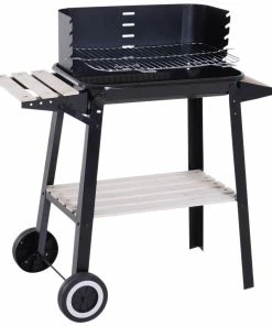 Outsunny Grillwagen Mit Windschutz Schwarz 87 X 45 X 83 Cm (LxBxH) | Kohlegrill BBQ Standgrill Holzkohlegrill Gartengrill