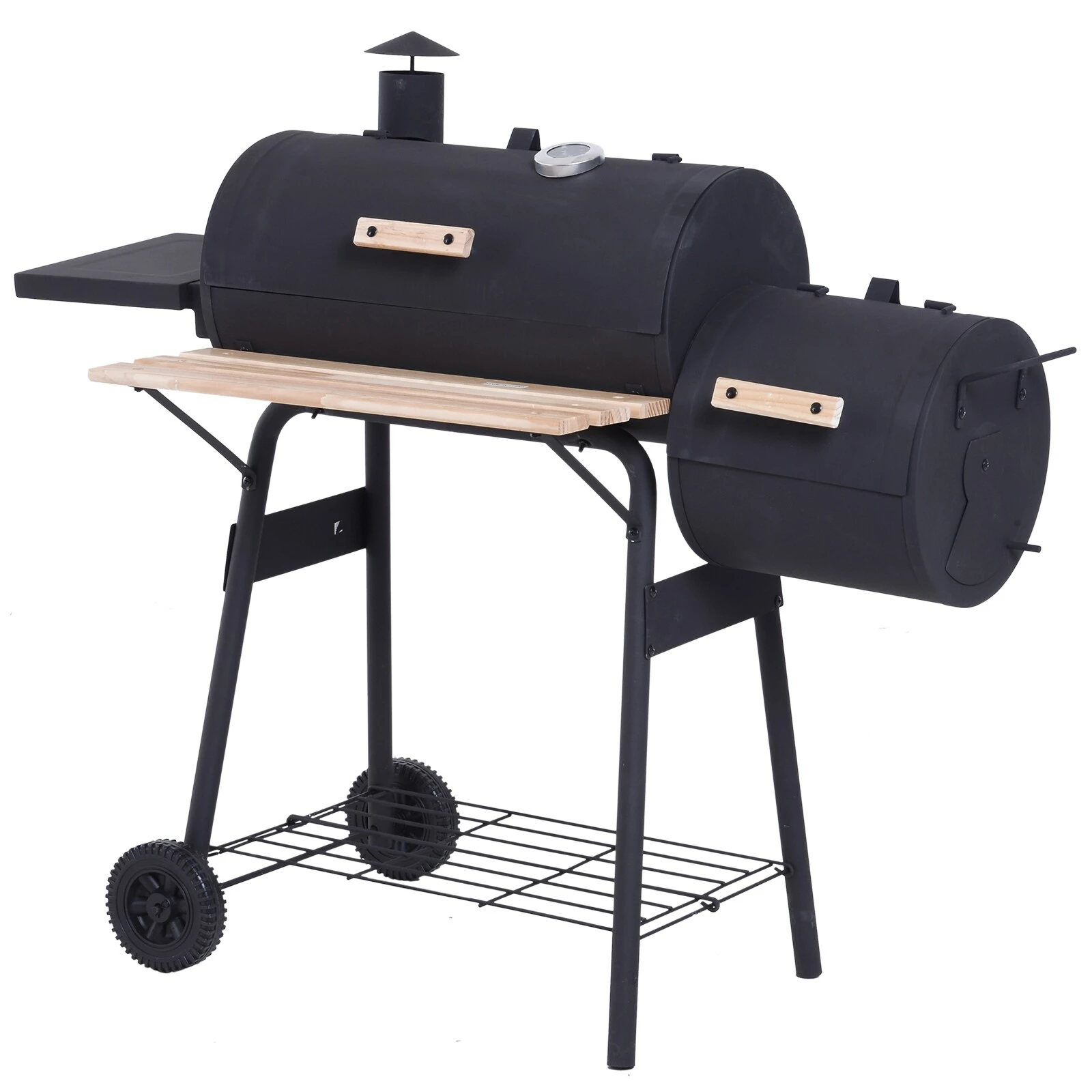 Outsunny Smoker Mit 2 Brennkammern Schwarz 124 X 53 X 108 Cm (LxBxH) | Kohlegrill BBQ Grillwagen Holzkohlegrill Standgrill – Bild 2