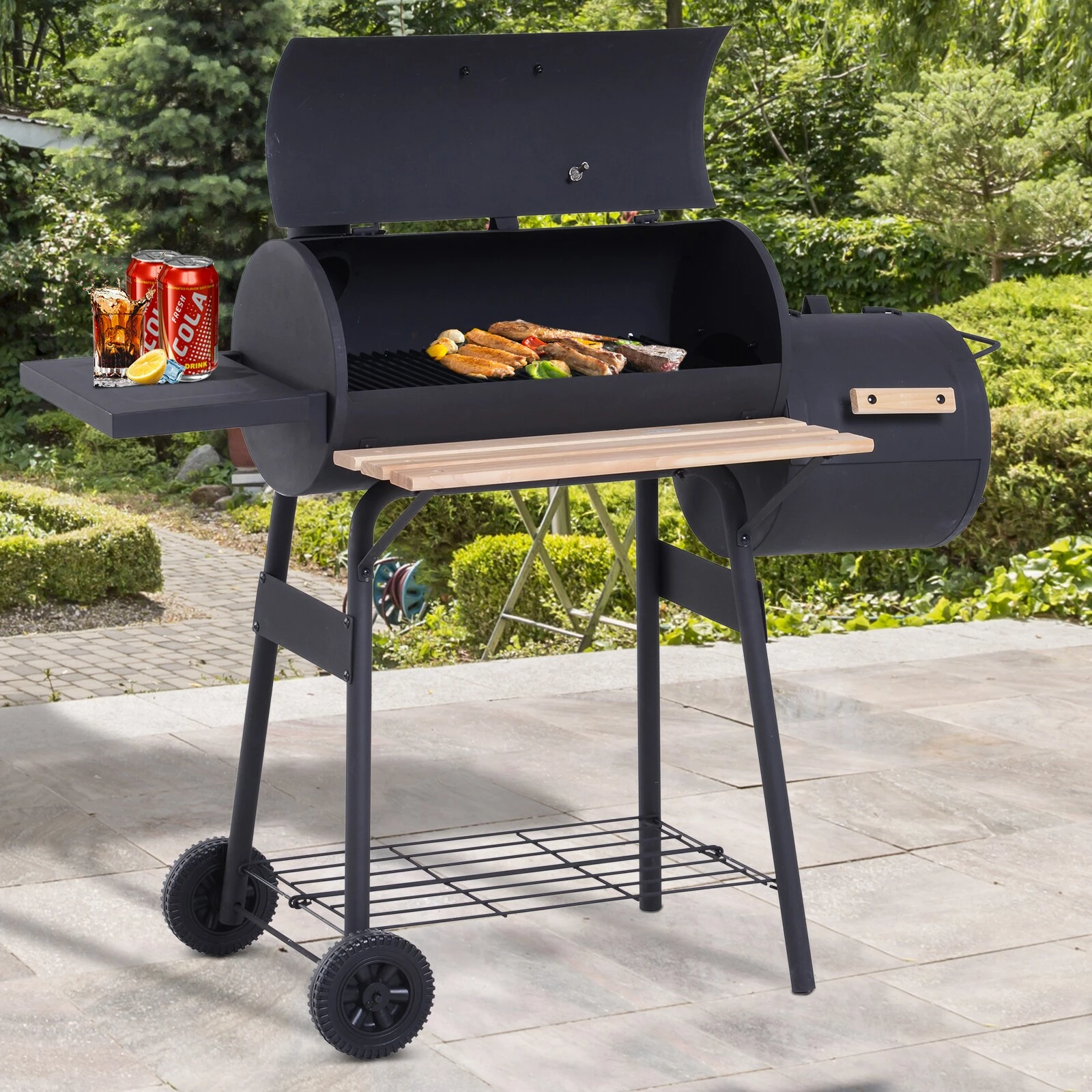 Outsunny Smoker Mit 2 Brennkammern Schwarz 124 X 53 X 108 Cm (LxBxH) | Kohlegrill BBQ Grillwagen Holzkohlegrill Standgrill – Bild 4