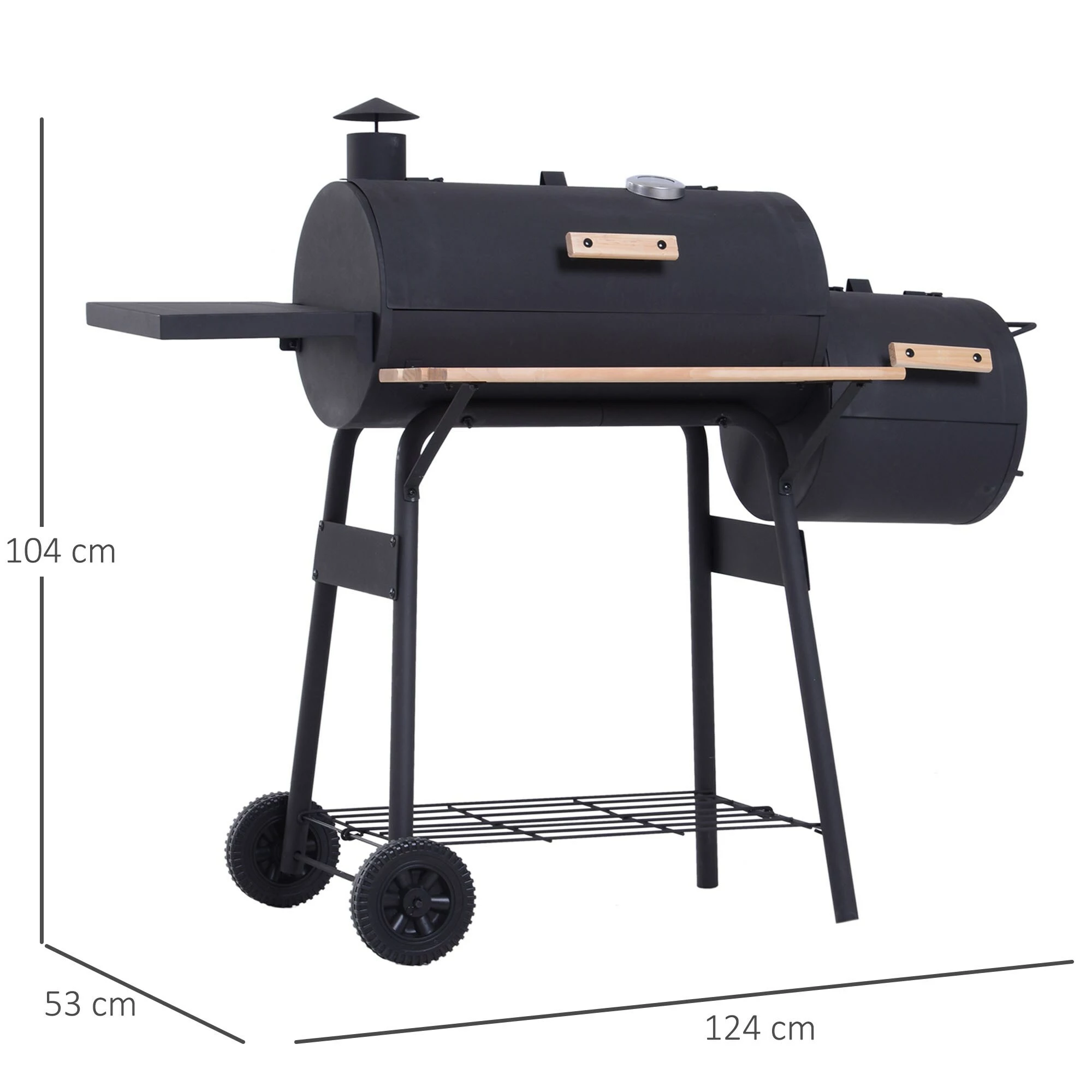 Outsunny Smoker Mit 2 Brennkammern Schwarz 124 X 53 X 108 Cm (LxBxH) | Kohlegrill BBQ Grillwagen Holzkohlegrill Standgrill – Bild 5