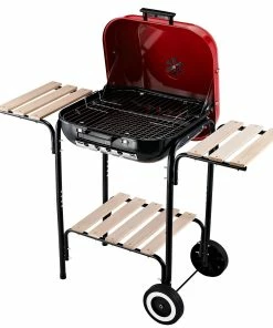 Outsunny Grillwagen Mit 3 Ablagen Schwarz, Rot 98 X 49 X 81 Cm (LxBxH) | Kohlegrill BBQ Grillwagen Holzkohlegrill Gartengrill