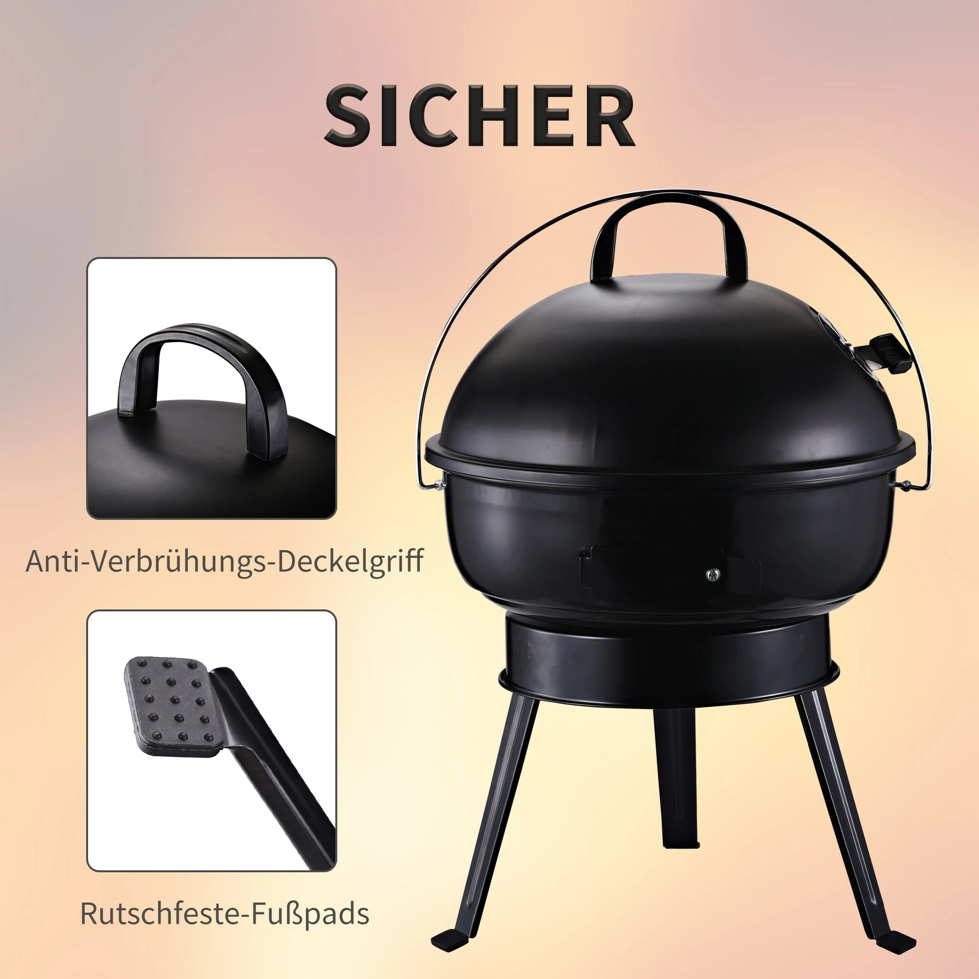 Outsunny Kugelgrill Tragbar Und Mit Dreibeinfuß Ø36,5 X H54 Cm | Holzkohlegrill Grillrost Holzkohle Grillstation Grill Tragbar – Bild 6