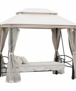 Outsunny Hollywoodschaukel Mit Seitenwänden Beige, Schwarz 245 X 165 X 243 Cm (LxBxH) | Schaukelbank Gartenschaukel Mit Pavillon 3-Sitzer