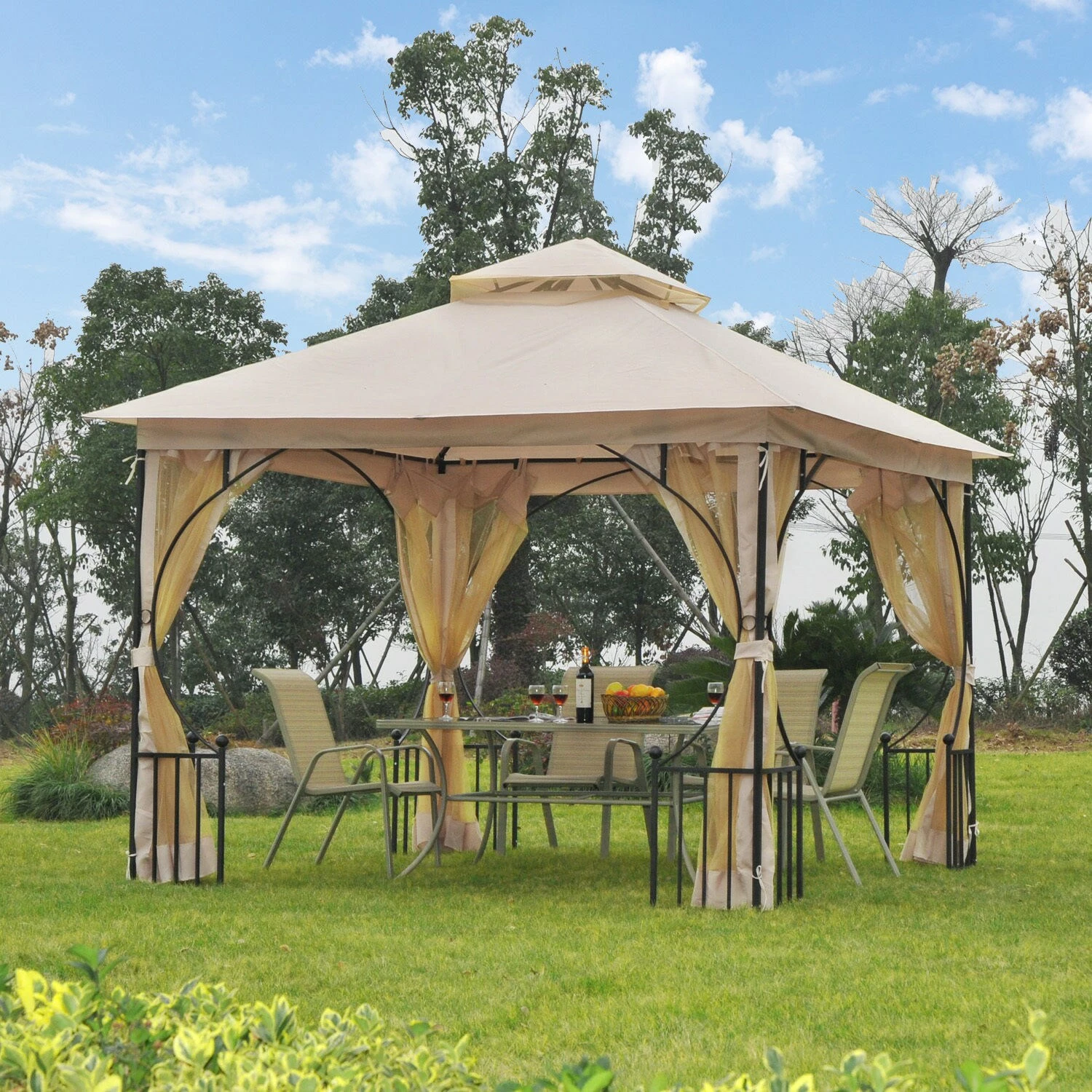 Outsunny Gartenpavillon Mit Doppeldach Beige, Schwarz 300 X 300 X 275 Cm (LxBxH) | Luxus Pavillon Partyzelt Festzelt Gartenzelt Zelt – Bild 3