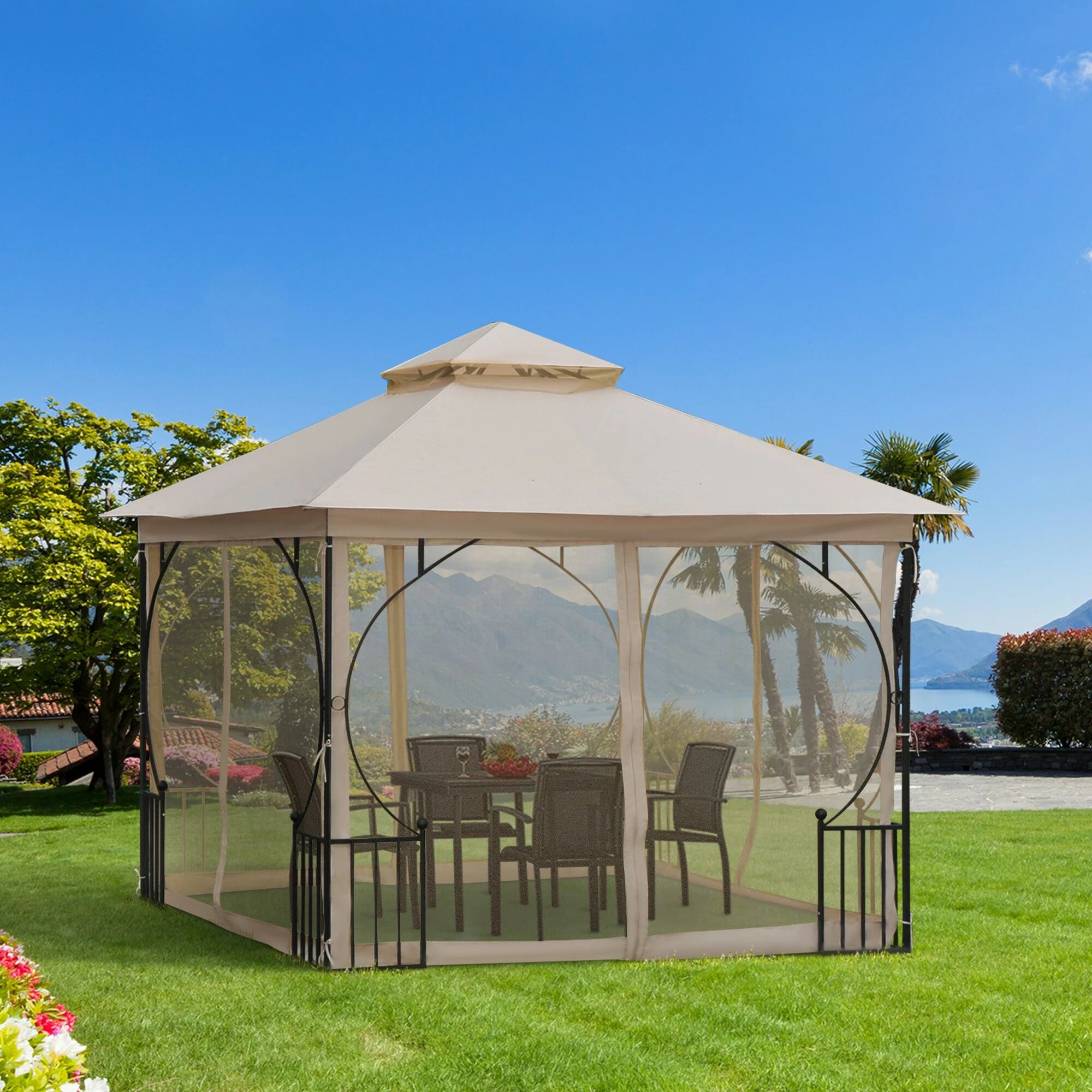 Outsunny Gartenpavillon Mit Doppeldach Beige, Schwarz 300 X 300 X 275 Cm (LxBxH) | Luxus Pavillon Partyzelt Festzelt Gartenzelt Zelt – Bild 4