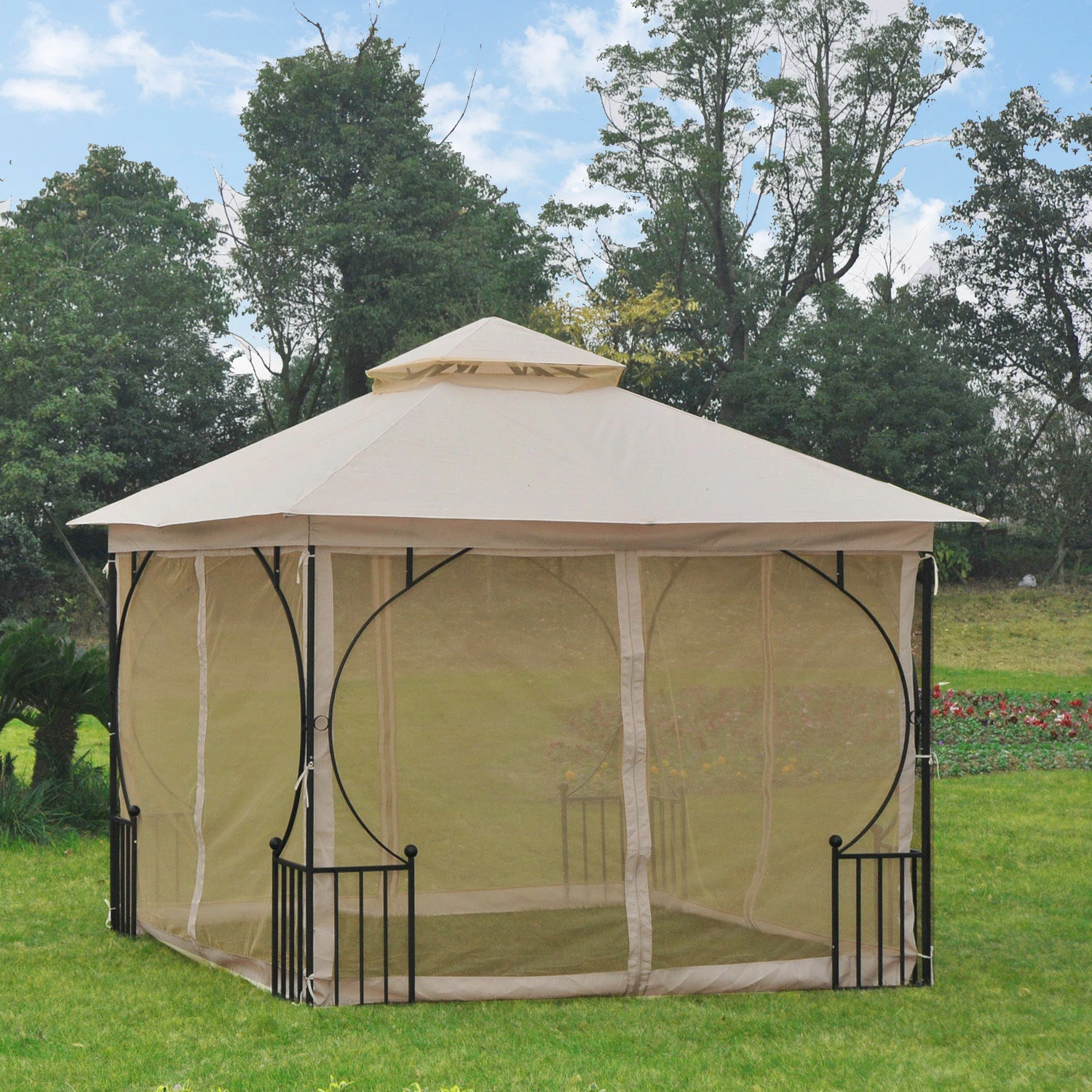 Outsunny Gartenpavillon Mit Doppeldach Beige, Schwarz 300 X 300 X 275 Cm (LxBxH) | Luxus Pavillon Partyzelt Festzelt Gartenzelt Zelt – Bild 6
