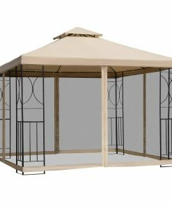 Outsunny Metallpavillon Mit Moskitonetz Beige 300 X 300 X 278 Cm (LxBxH) | Gartenpavillon Gartenzelt Festzelt Partyzelt