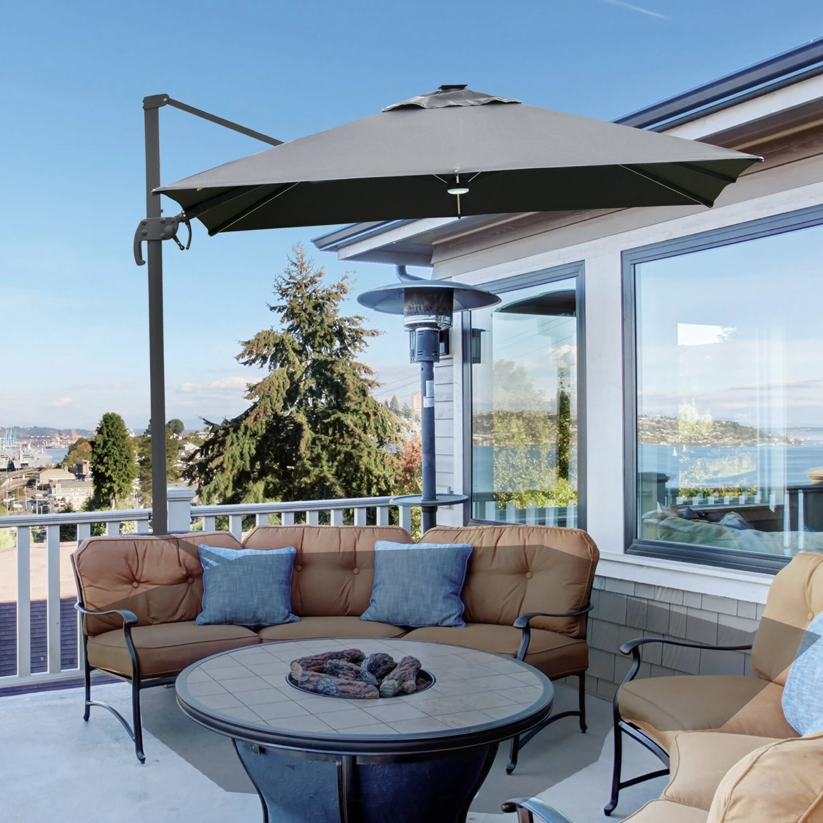 Outsunny Sonnenschirm Mit Solar_LEDs Dunkelgrau 300 X 300 X 266 Cm (LxBxH) | KurbelschirmGartenschirm Marktschirm Balkonschirm Mit LED – Bild 3