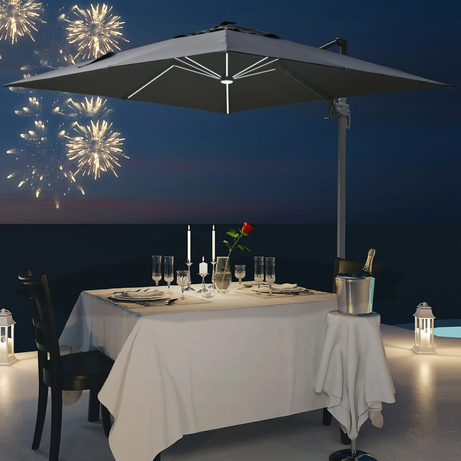 Outsunny Sonnenschirm Mit Solar_LEDs Dunkelgrau 300 X 300 X 266 Cm (LxBxH) | KurbelschirmGartenschirm Marktschirm Balkonschirm Mit LED – Bild 4