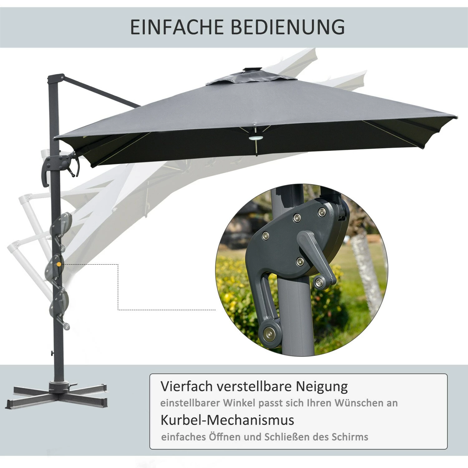 Outsunny Sonnenschirm Mit Solar_LEDs Dunkelgrau 300 X 300 X 266 Cm (LxBxH) | KurbelschirmGartenschirm Marktschirm Balkonschirm Mit LED – Bild 6