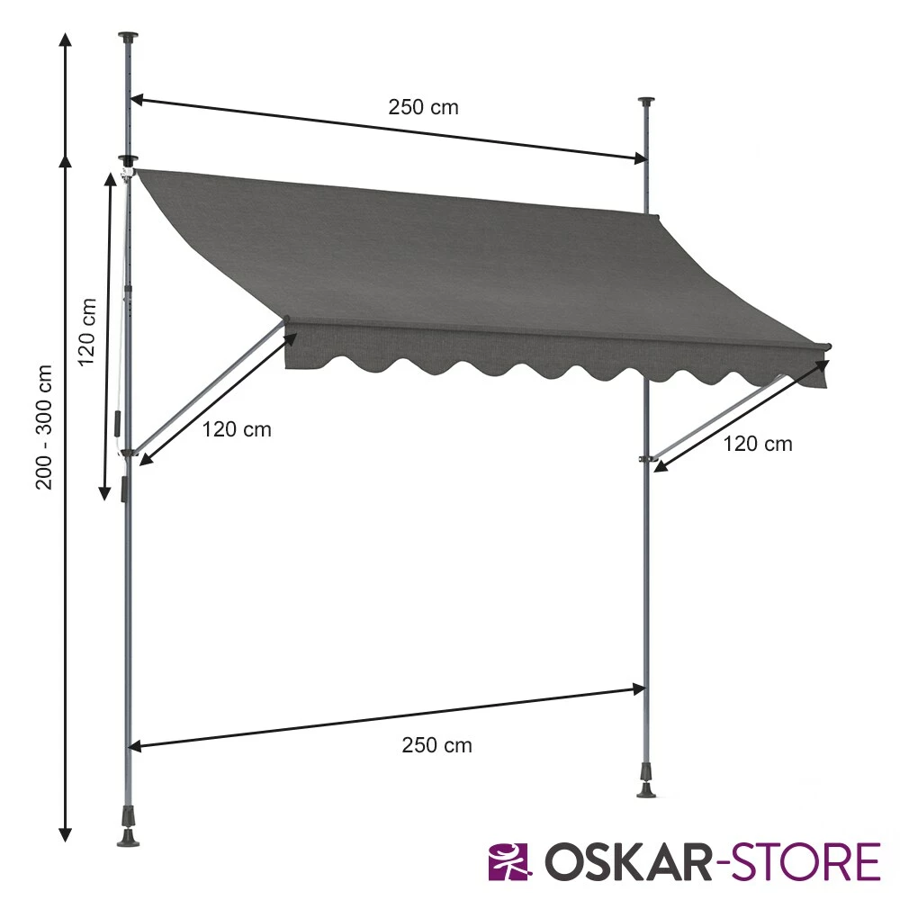 Oskar-Store Klemmmarkise 250x120cm Balkonmarkise Einrollbar Handkurbel Markise Mit Gestell – Bild 3