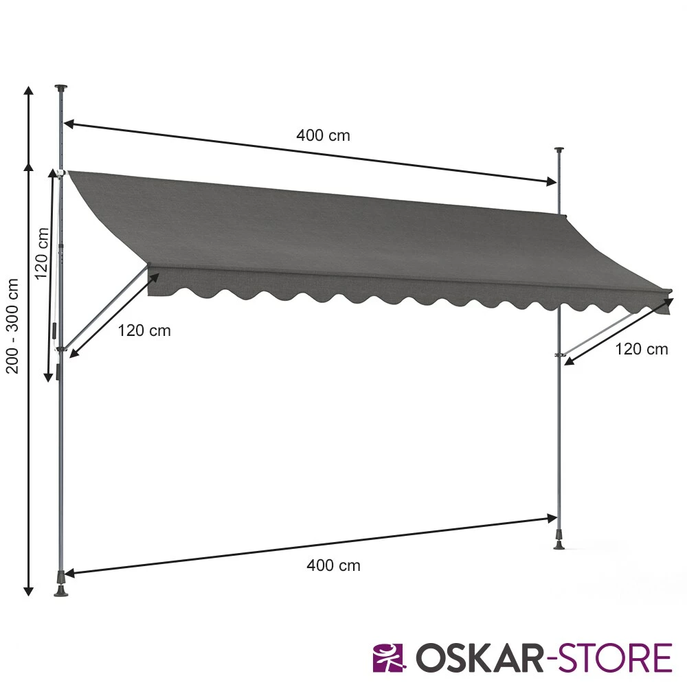 Oskar-Store Klemmmarkise 400x120cm Balkonmarkise Einrollbar Handkurbel Markise Mit Gestell – Bild 3