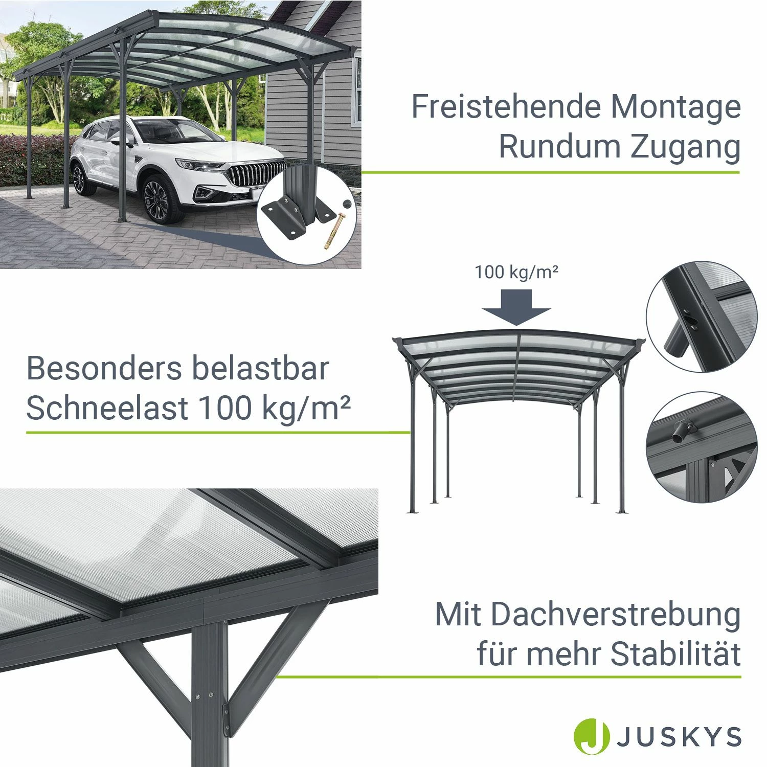 Juskys Carport Mit Bogendach 5x3 M – Freistehende Überdachung Aus Aluminium Mit Doppelstegplatten – Bild 5
