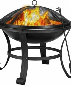 Yaheetech Garten Feuerstelle Mit Funkenschutz & Schürhaken Outdoor Vierbeine Feuerschale Feuerkorb Auf Ihrer Terrase, Schwarz - 54 X 49.5cm (Dx H)