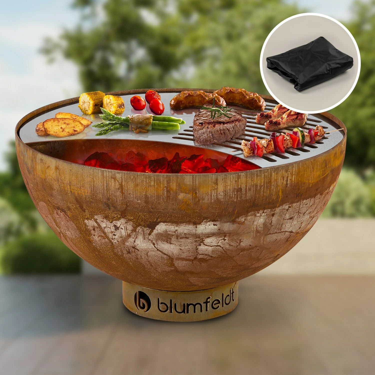 Blumfeldt Savage Feuerschale Mit Grill Ø: 60,5 Cm Stahl Inkl. Wetterschutz Rost