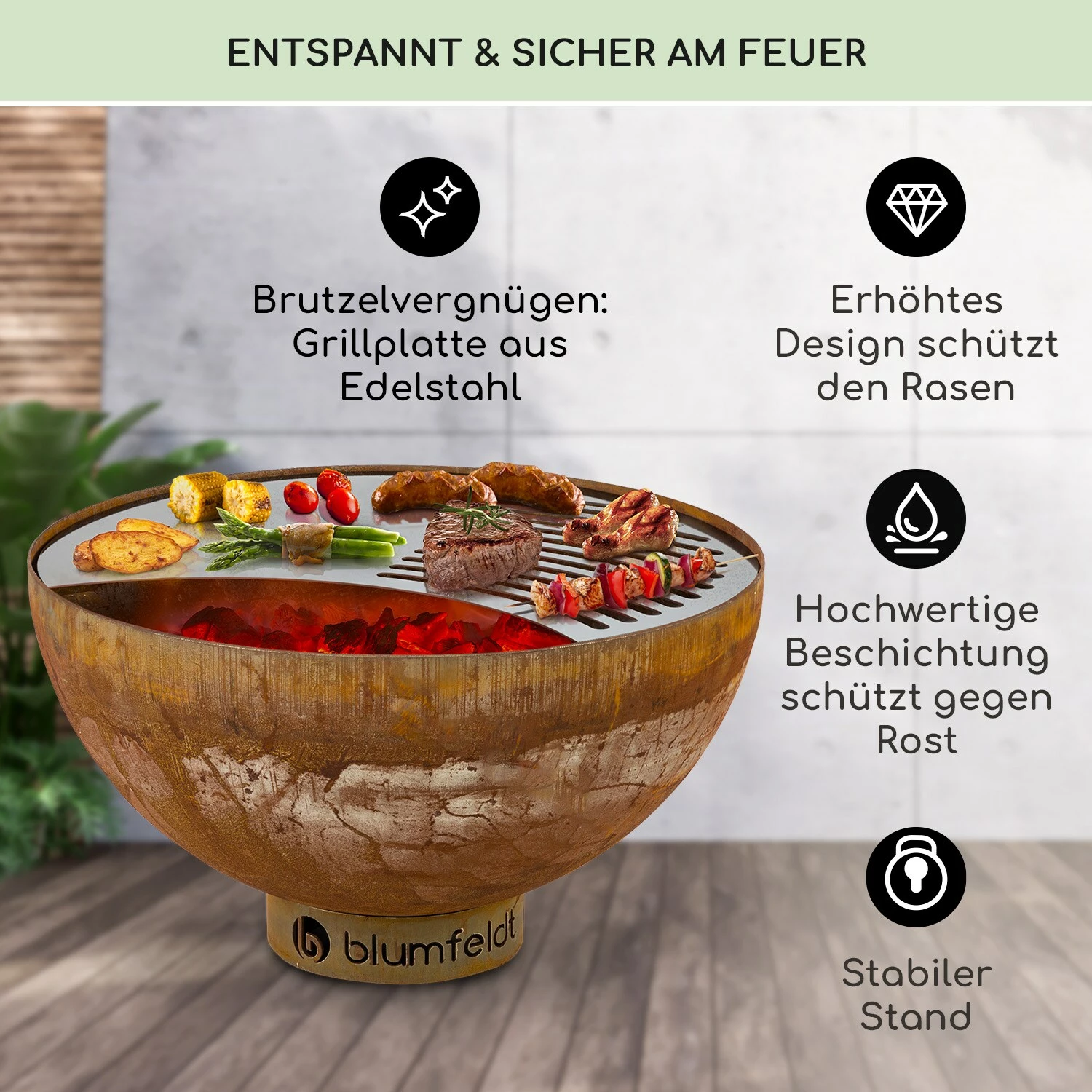 Blumfeldt Savage Feuerschale Mit Grill Ø: 60,5 Cm Stahl Inkl. Wetterschutz Rost – Bild 3