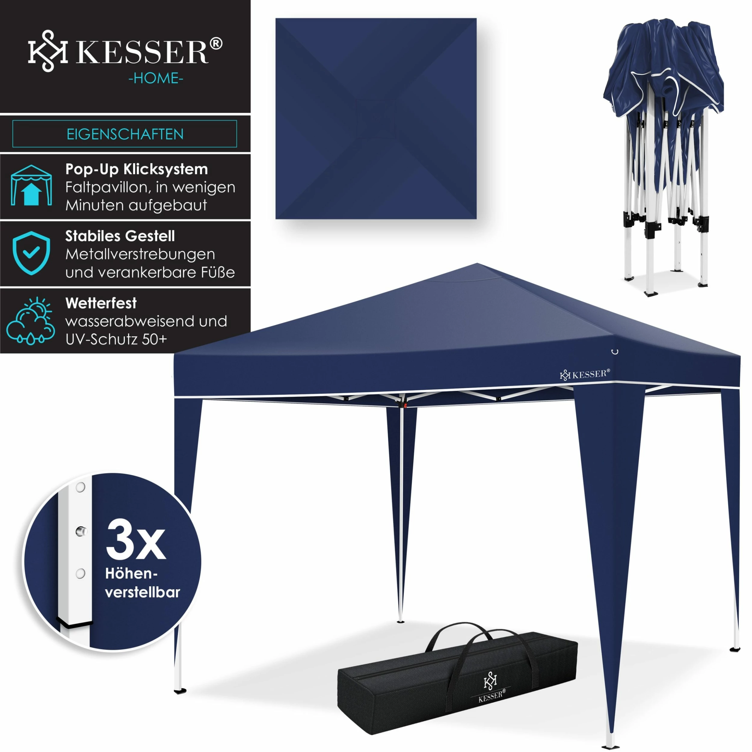 KESSER® Pavillon 3x3m | Wasserdicht | Inkl. Tasche | Pop-Up Klicksystem | UV-Schutz 50+ | Faltpavillon | Gartenzelt | Partyzelt | Metall-Verstrebungen | – Bild 2