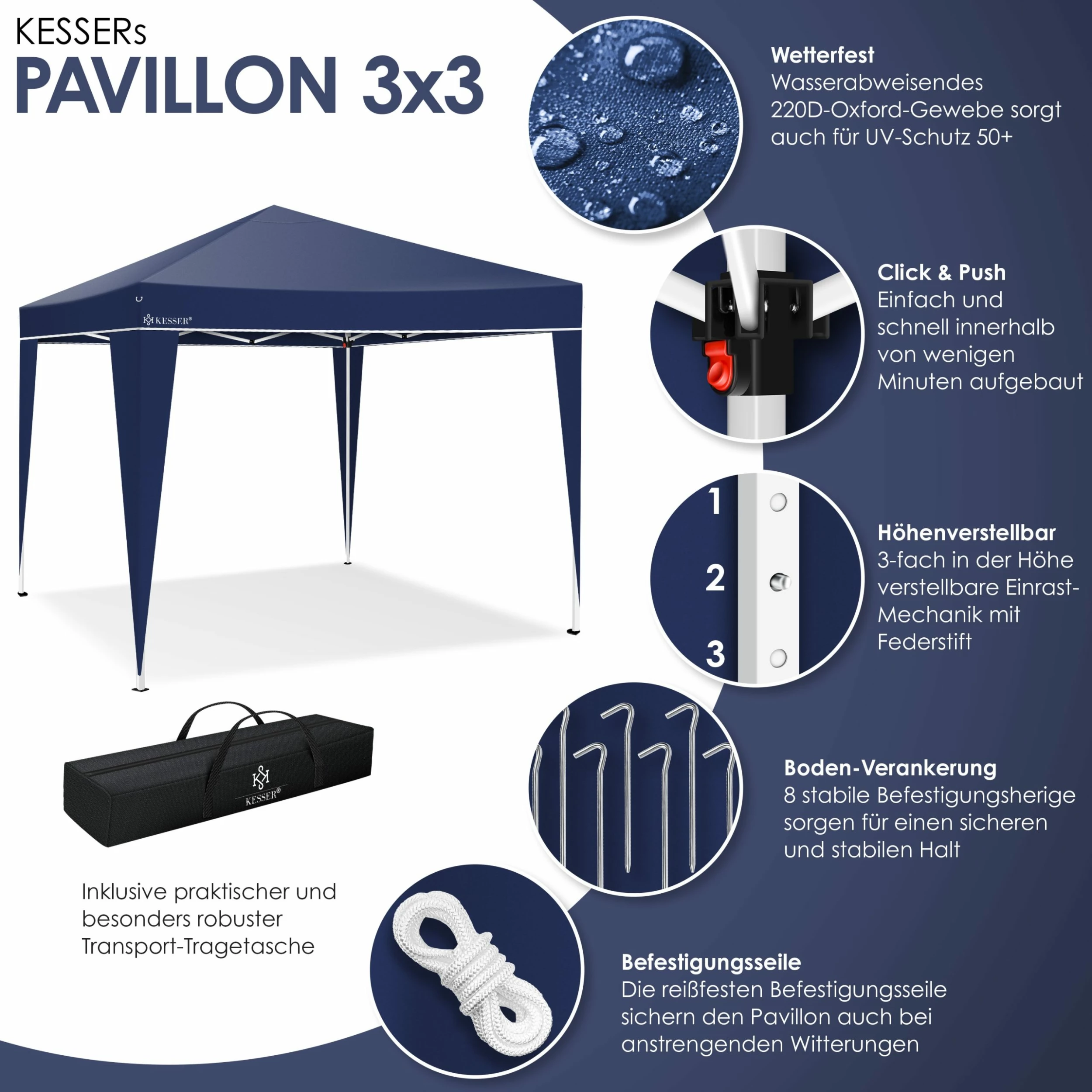 KESSER® Pavillon 3x3m | Wasserdicht | Inkl. Tasche | Pop-Up Klicksystem | UV-Schutz 50+ | Faltpavillon | Gartenzelt | Partyzelt | Metall-Verstrebungen | – Bild 3