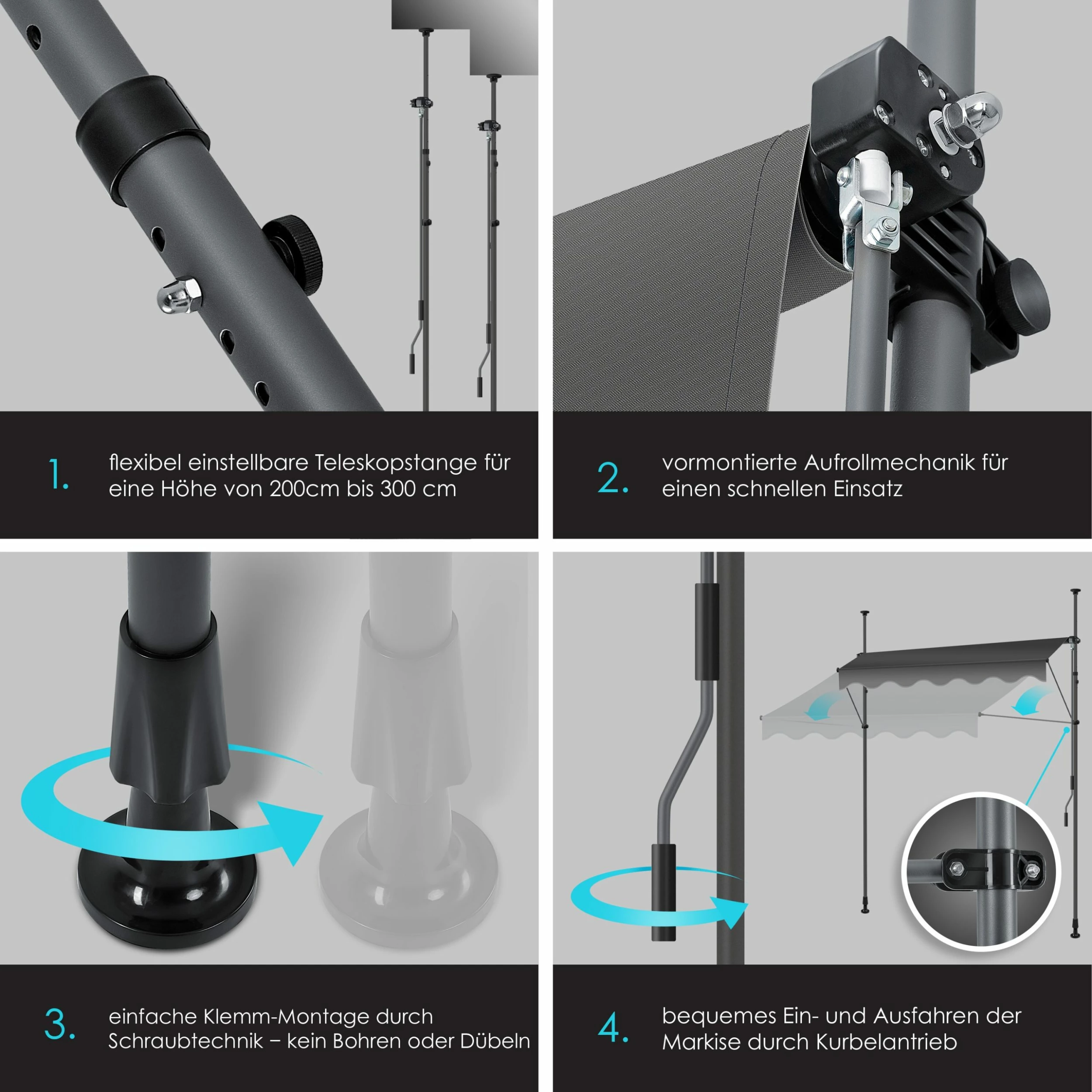 KESSER® Klemmmarkise Mit Handkurbel Balkon, Balkonmarkise Ohne Bohren, UV-beständig Höhenverstellbar Wasserabweisend , Sonnenschutz, Terrassenüberdachung , Einfache Montage – Bild 3