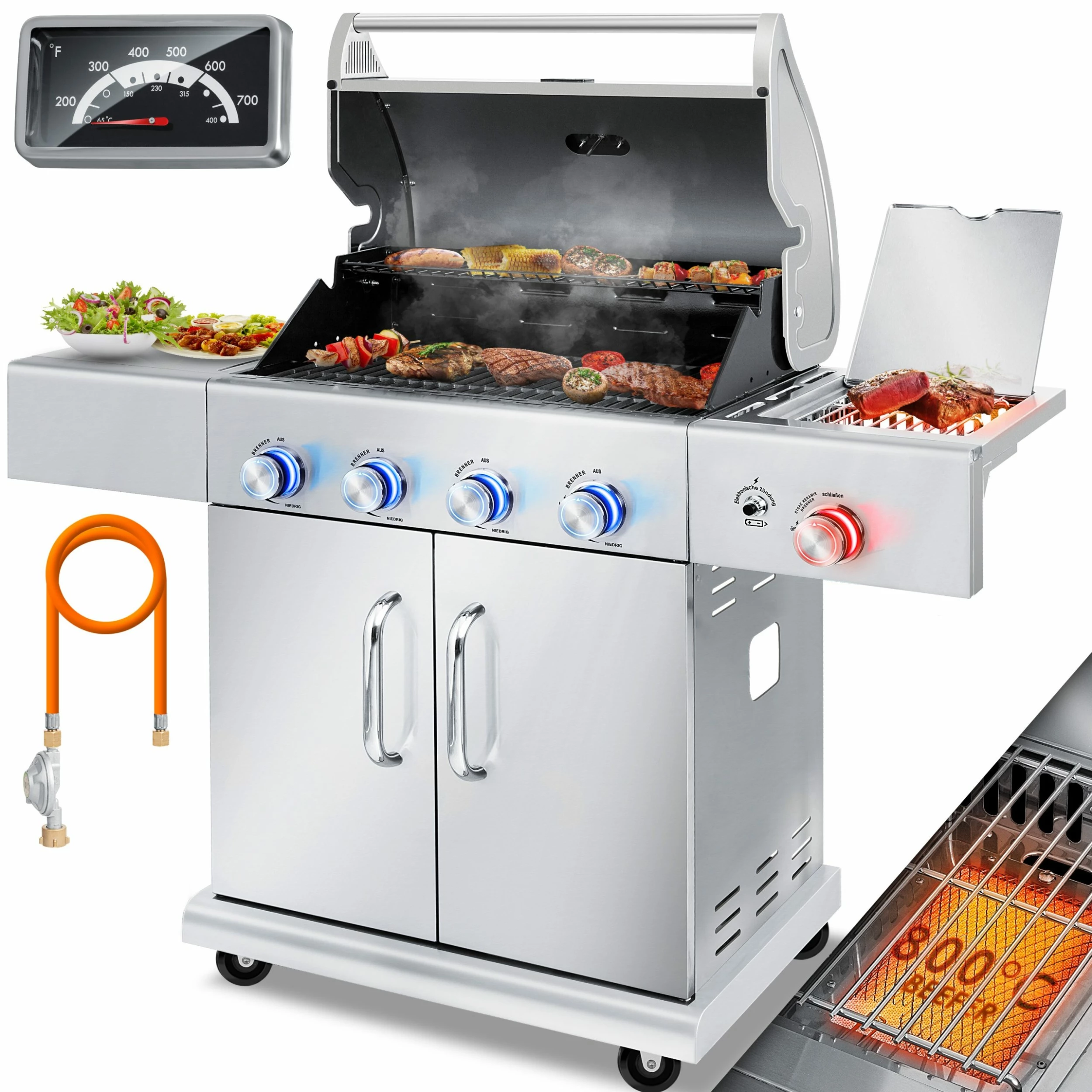 KESSER® Gasgrill Master BBQ Mit 800°C Infrarot & Grill-Thermometer, LED-Beleuchtung , Keramik 4+1 Brenner Aus Edelstahl XXL Grillwagen Grill, Seitenkocher, 5-11 KG Gasflasche Piezozündung – Bild 2